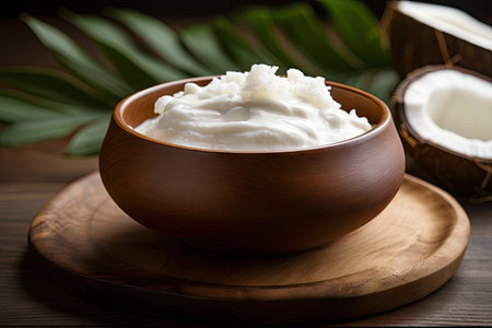 Coconut Greek yogurt dairy free gluten free probiotic for gut health served in a wooden bowlの素材