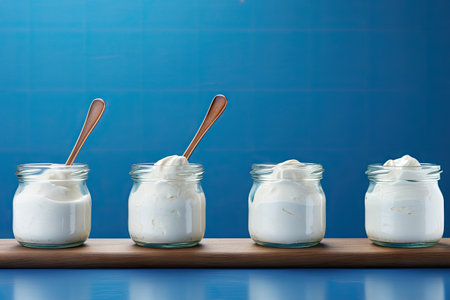 Close up of Greek yogurt in glass jars with spoons on a blue backgroundの素材