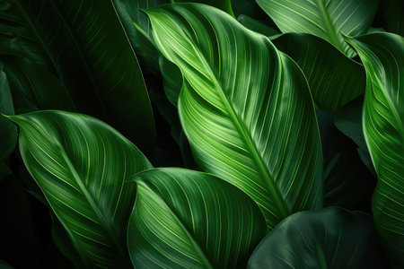Close up of green tropical plant leaves with abstract natural floral backgroundの素材
