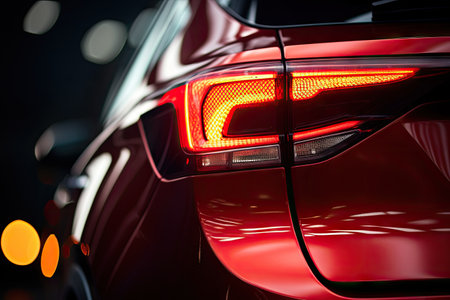 Closeup of a modern car s LED red taillight signaling turning on street to maintain distance with aの素材