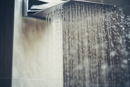 Close up of a contemporary bathroom shower with water droplets fallingの素材