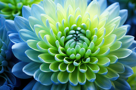 Close up of a blue green chrysanthemum macro shot with a multi color floral background for summer anの素材