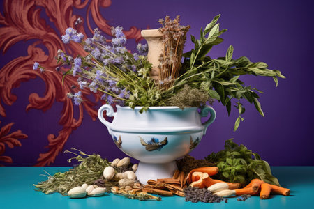 Colorful background with porcelain mortar and herbsの素材