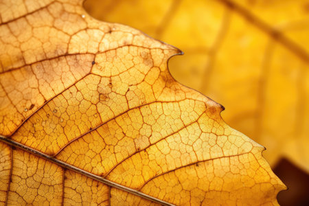 Close up texture of a yellow maple leaf in a macro photo capturing the autumn foliageの素材