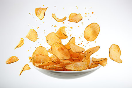 Delicious chips dropping onto white plateの素材