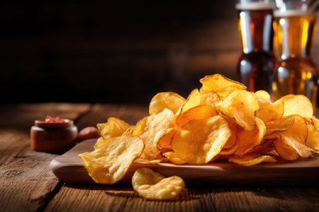 Closeup of potato chips beer snacks and sauce on cutting board wooden background with space for textの素材
