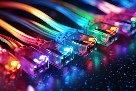 Fiber optic cables linked to optic ports and network cables connected to ethernet portsの素材