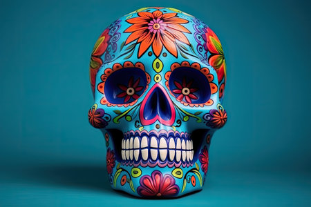 Colorful ceramic Mexican skull isolated and hand painted Crafted in Mexico with a turquoise backgrouの素材