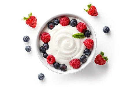 Delicious organic yogurt in a bowl isolated on white seen from the topの素材