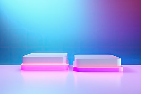 Empty stage with white podiums on holographic background for cosmetic product displayの素材
