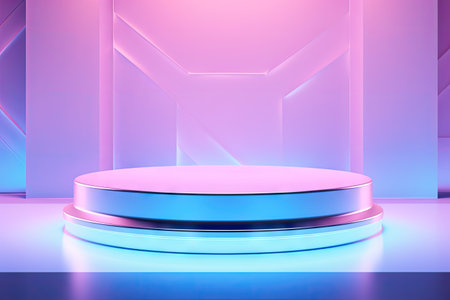 Empty stage with polygonal podium on pastel blue neon holographic background displaying cosmetic proの素材