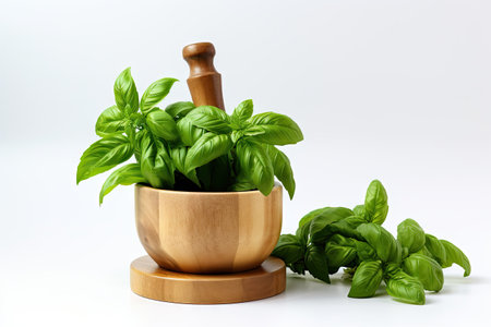 Fresh green basil leaves mixed with mortar on a white surfaceの素材