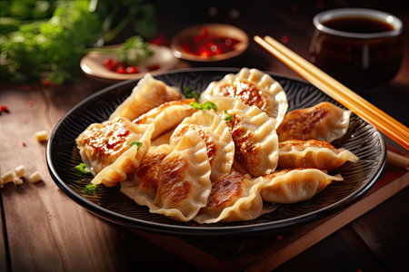 Focus on at fried dumplings gyoza with soy sauce and chopsticksの素材