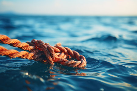 Frayed rope on blue sea background nearly breakingの素材