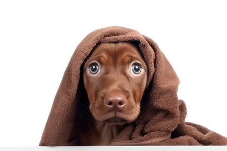 Funny puppy wearing a towel on its head gazes above a blank white banner isolated on a white backdroの素材