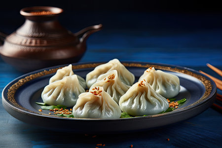 Georgian dumplings with meat filling on blue plate with adjika close up free spaceの素材