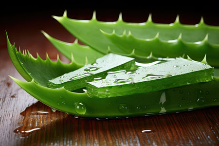 Fresh slices of aloe vera leaves on a white background captured with depth of fieldの素材