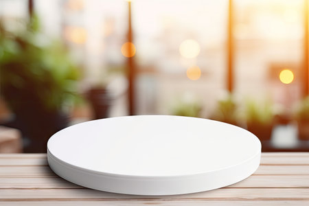 Empty clean round table on a white background serves as a mockup for food stall displays and a backdの素材