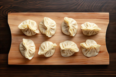Georgian meat dumplings on a wooden board top viewの素材