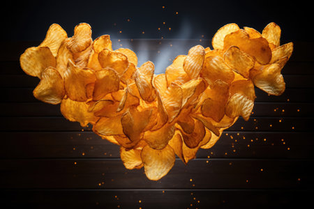 Heart shaped potato chips floating through the airの素材