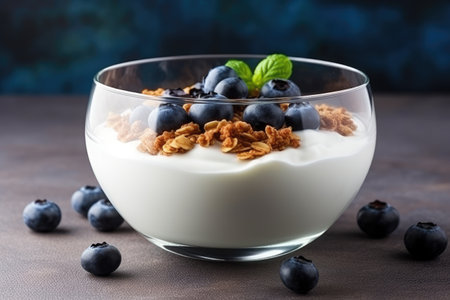 Healthy breakfast of homemade granola yogurt blueberries and wheat seeds on a stone backgroundの素材