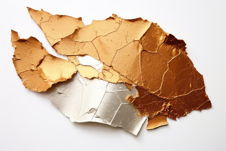 Gold and bronze torn paper with abstract leaf design on white background with glitterの素材