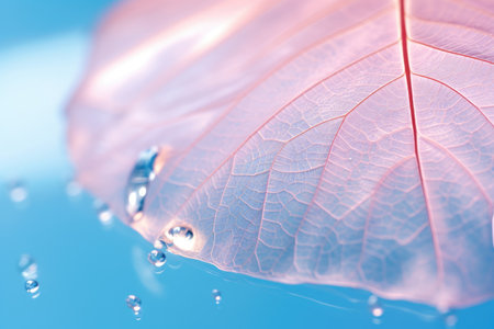 Expressive artistic image of a transparent leaf skeleton with beautiful texture on a blue and pink bの素材