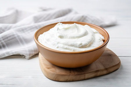 Fresh homemade Greek yogurt in a ceramic bowl on a white wooden background with room for adding textの素材