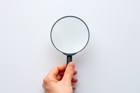 Hand holding magnifying glass over target board for business objectives on white backgroundの素材