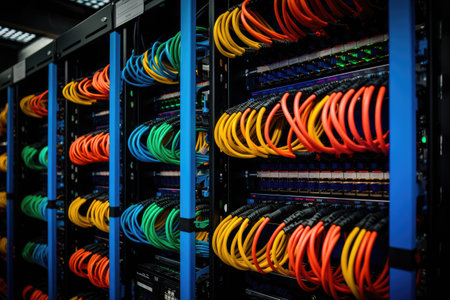 A multitude of UTP and Ethernet cables are organized in a rack cabinet in the data center stemming fの素材