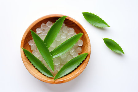 Aloe vera leaves and gel in wooden bowl spoon White backgroundの素材