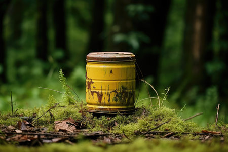 An aged grimy container stands amidst moss and a tree stump in the outdoorsの素材