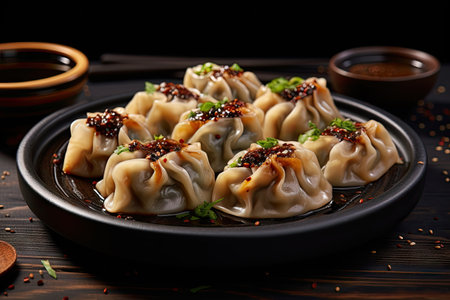 Beef Khinkali hot dumplings in a vertical view on a dark wooden tableの素材