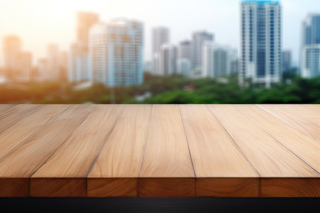 Blur glass window wall building background with wood table top for product display or design key visの素材