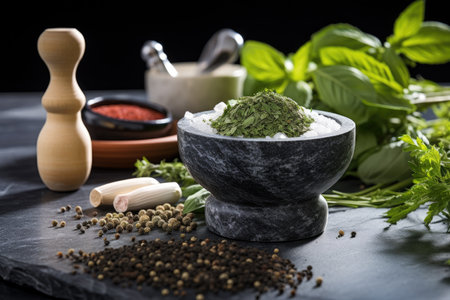Basil dill garlic and peppercorns in marble mortar and pestle on slate cutting board Spices and oilsの素材