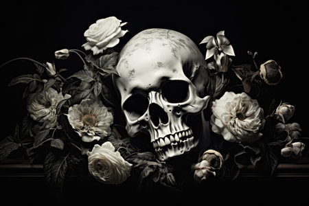Still life featuring skull and flowers on monochrome backgroundの素材