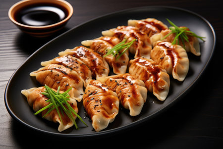 Snack of gyoza a type of Japanese dumplings served with soy sauceの素材