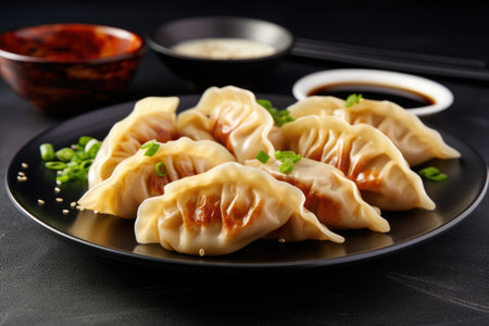 Taiwanese and Japanese Pan fried dumplings with soy sauce on tableの素材