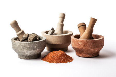Small stone and terracotta mortars with pestles isolated on whiteの素材