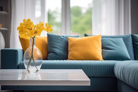 Bright living room with sofa and table foreground against blurred backgroundの素材