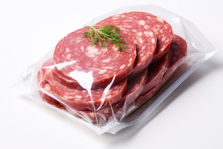 Sliced salami sausage packaged in plastic isolated on white backgroundの素材