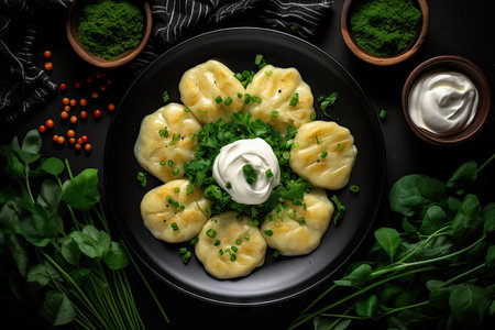 Top view of dumplings with potatoes on a plate cooked on a board with onions arugula eggs bay leaf aの素材