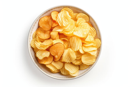 Top view of various delicious potato chips in a bowl on a white backgroundの素材