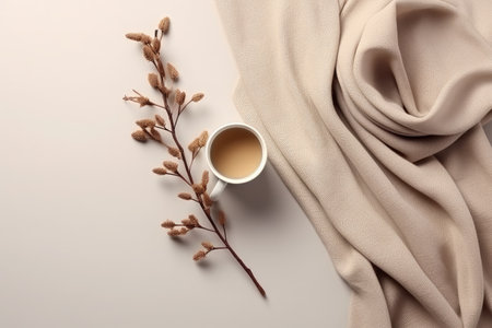 Top view of a cozy beige cashmere scarf on a light gray background with a cup of coffee and a cottonの素材