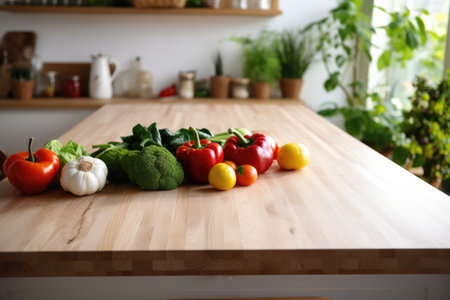 Blurred vegetables on kitchen s wooden table with free spaceの素材