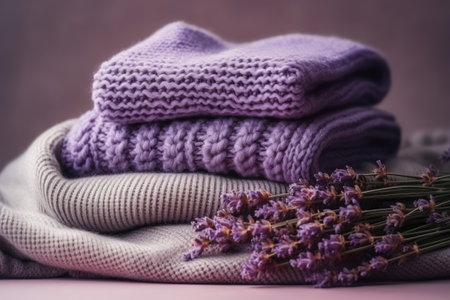 Stack of warm knitted clothes with lavender for autumn and winter seasonsの素材