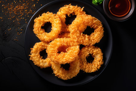 Top view of fried onion rings on a dark backgroundの素材
