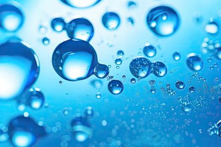 Studio photo of transparent blue gas bubbles under water with selective focus blur displaying livelyの素材