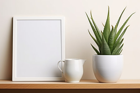 Stylish interior photo frame with books and aloe vera plant and a design watering canの素材