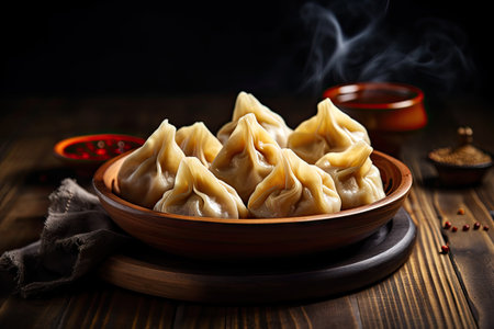 Steamed and deep fried meat filled Georgian dumplings over a wooden background Traditional dish of nの素材